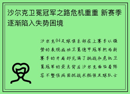沙尔克卫冕冠军之路危机重重 新赛季逐渐陷入失势困境