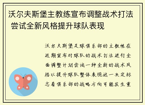 沃尔夫斯堡主教练宣布调整战术打法 尝试全新风格提升球队表现