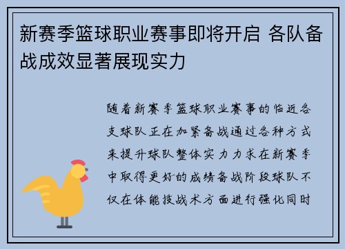 新赛季篮球职业赛事即将开启 各队备战成效显著展现实力