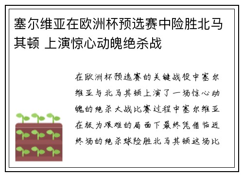 塞尔维亚在欧洲杯预选赛中险胜北马其顿 上演惊心动魄绝杀战