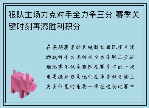 狼队主场力克对手全力争三分 赛季关键时刻再添胜利积分